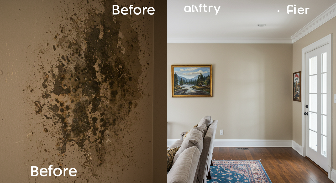 A split-screen image showing a before-and-after comparison of a mold-infested wall in a Portland home. The 'before' side shows dark mold spots and damage, while the 'after' side showcases a clean, restored surface. The background includes subtle Portland-specific decor elements, such as local artwork or furniture.