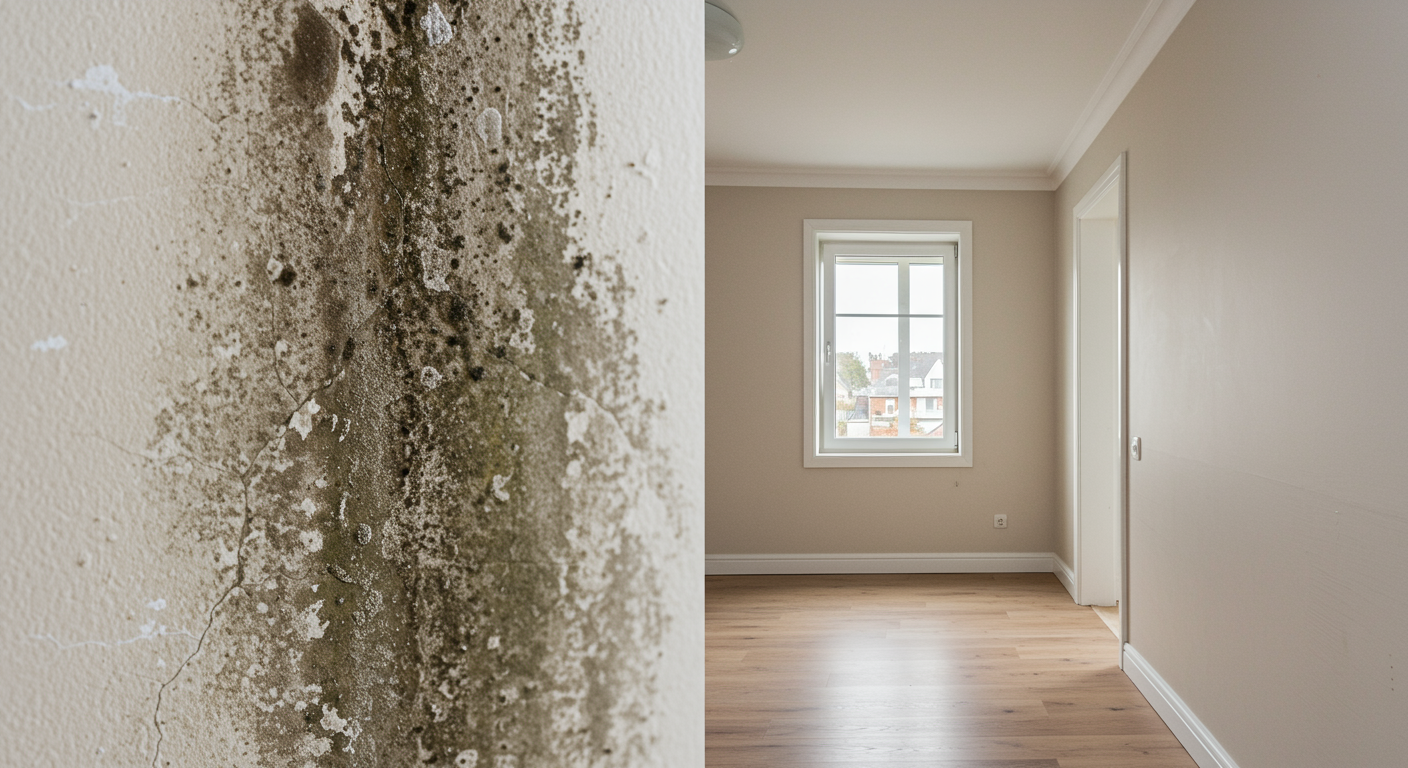 A split-screen image showing a close-up of a mold-infested wall on the left and the same wall cleaned and restored on the right. The background is a well-lit, clean, and freshly painted room.