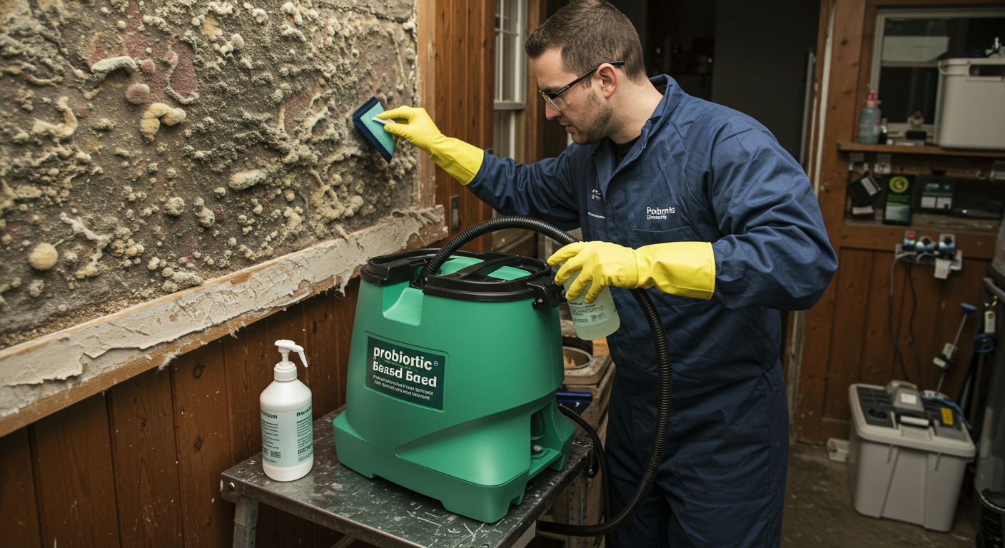A technician applying a probiotic-based solution to a moldy surface in a Portland home. The setting includes eco-friendly equipment and a clean, organized workspace.