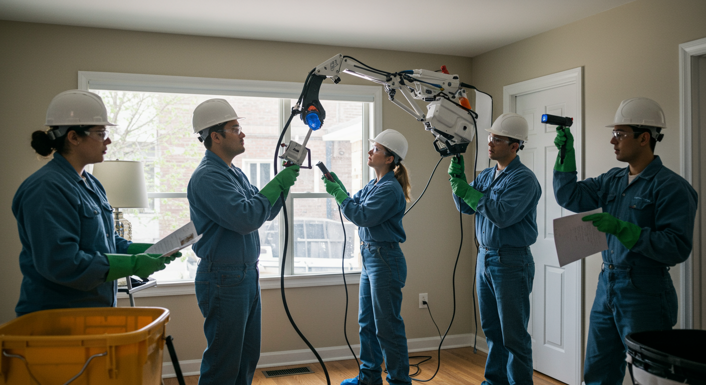 A team of professional mold remediation experts actively working in a home.