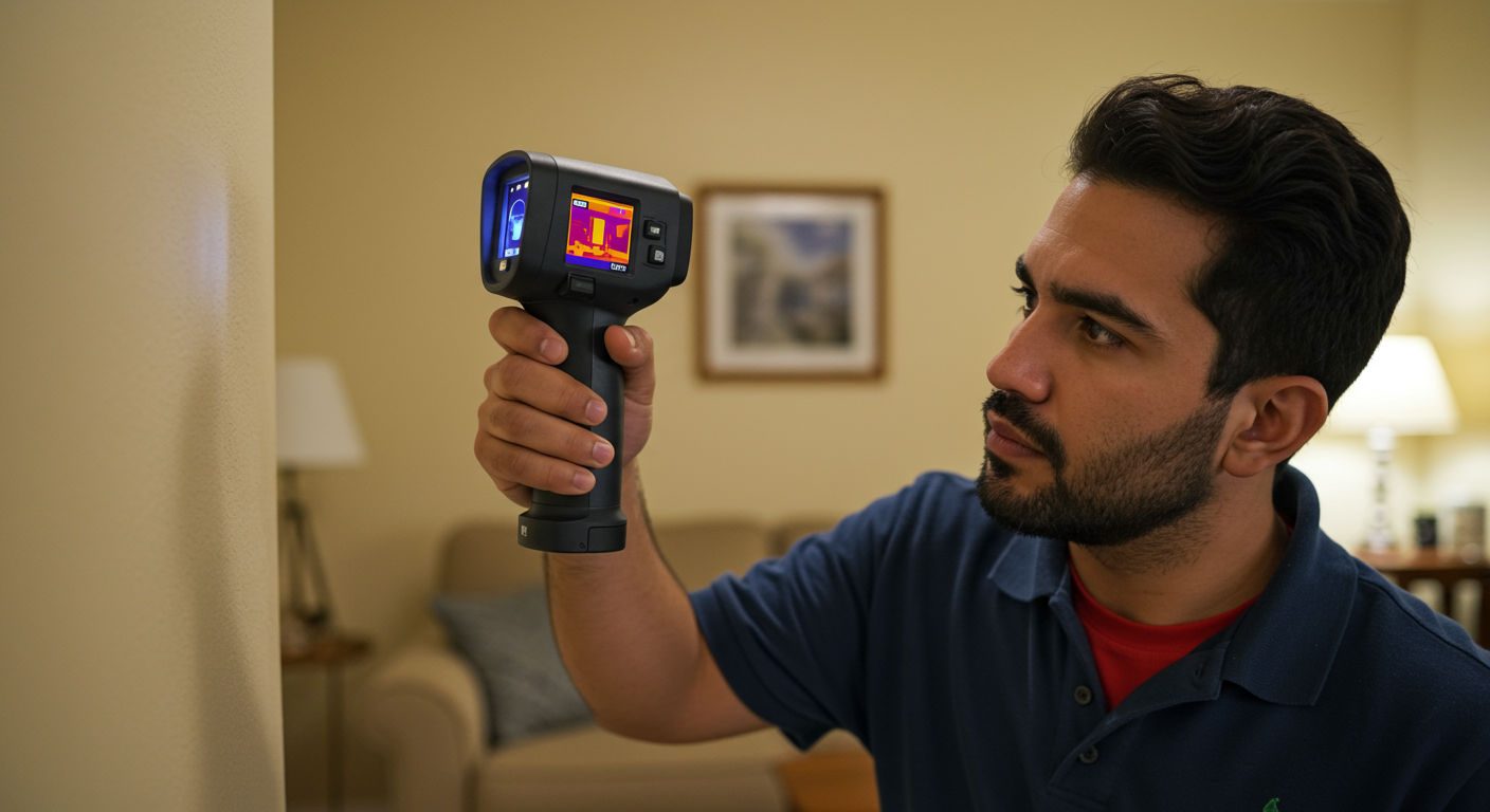 A technician using advanced equipment like thermal imaging cameras to detect hidden water leaks in a home.