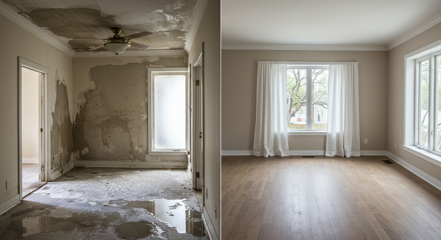 A split image showcasing a room before and after the water restoration process. The left side shows water damage, while the right side displays a restored, clean space.
