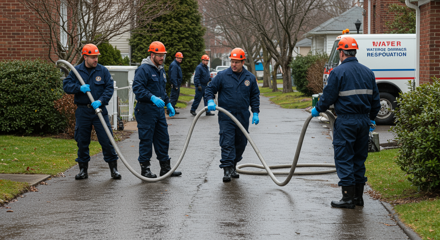 A team of professional water damage restoration technicians in action, wearing safety gear, working to extract water from a flooded residential area. The scene captures the urgency and professionalism of emergency services.