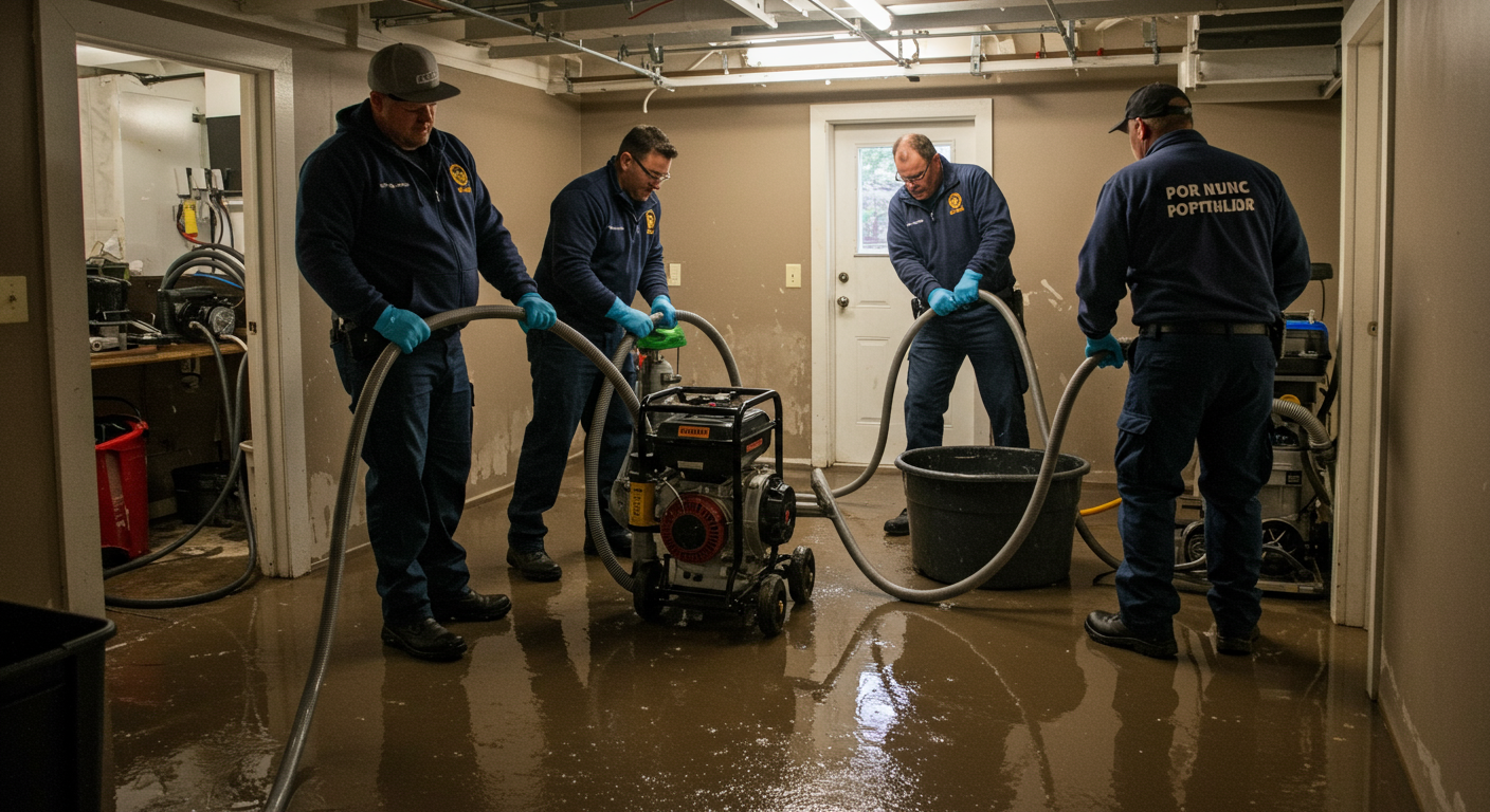 A team of professionals in uniforms actively removing water from a flooded residential basement. They are using specialized equipment like pumps and wet vacs, showcasing their expertise and urgency in an emergency situation.