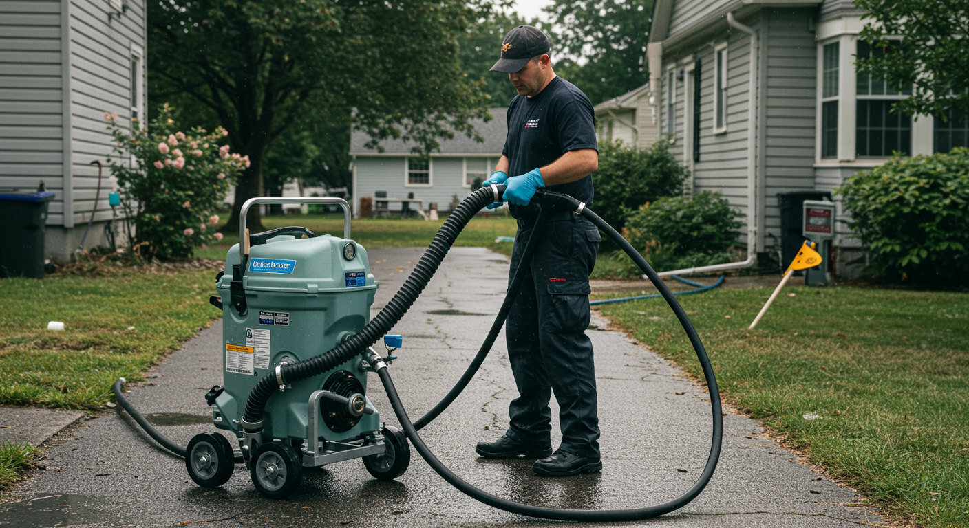 A water restoration technician in action, using specialized equipment to extract water from a flooded residential area. The technician is focused and professional, showcasing urgency and expertise.