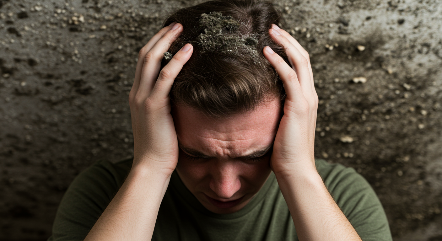 A close-up of a person holding their head in discomfort, surrounded by visible black mold on the walls, symbolizing the health effects of mold exposure.