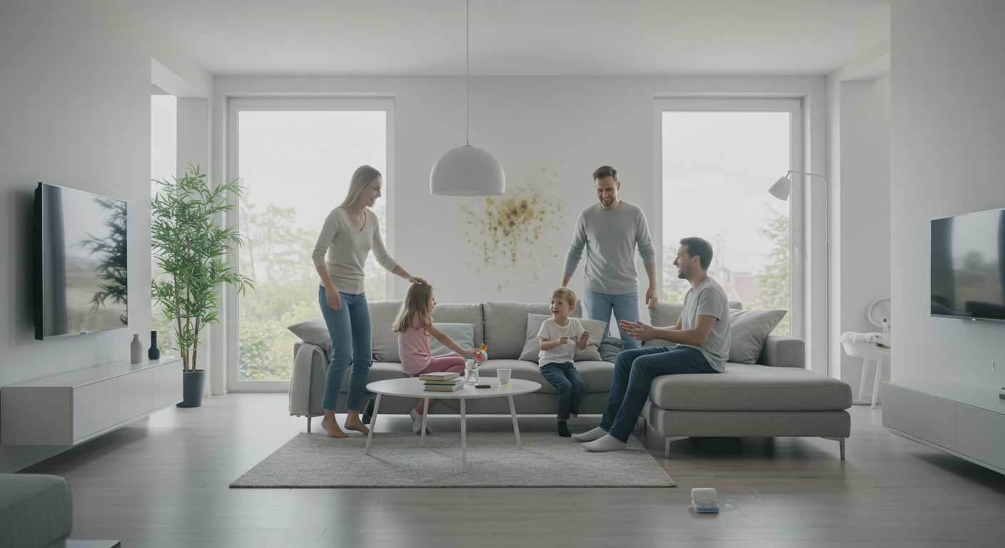 A family enjoying a clean and mold-free living room, emphasizing the benefits of mold removal.