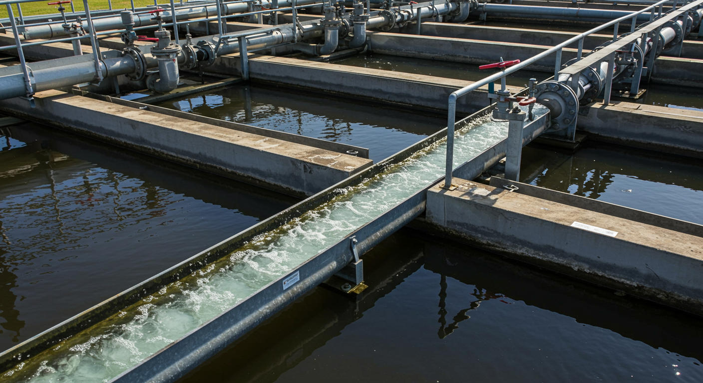 A close-up of a water treatment facility in Hillsboro, showcasing the filtration process with clear water flowing through pipes and tanks.