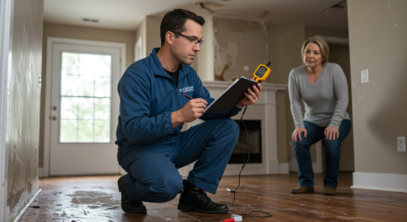 A restoration professional inspecting a water-damaged area with a moisture meter, while a homeowner looks on. This image captures the assessment phase, emphasizing the thoroughness of the restoration process.