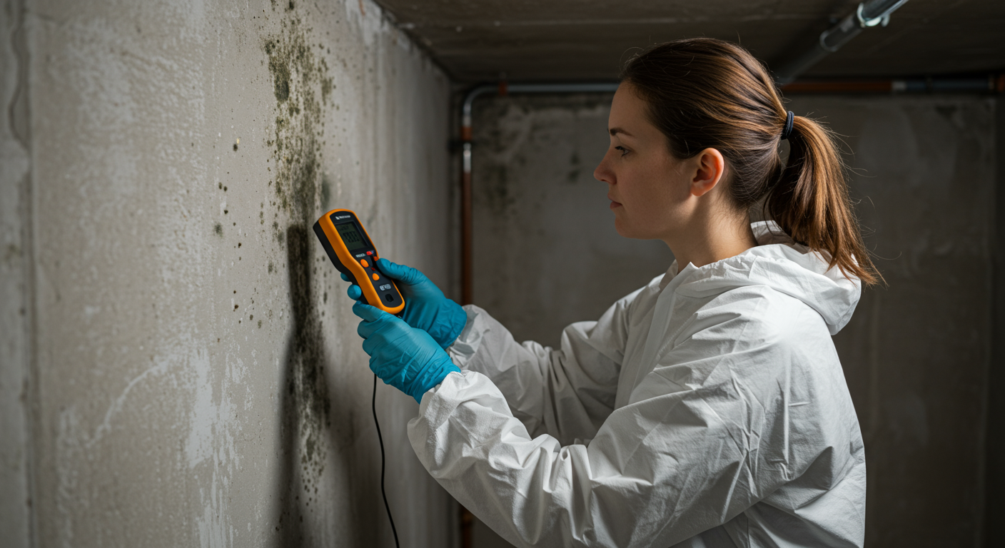 A professional mold inspector examining a damp wall with a moisture meter, showcasing the process of identifying mold growth.
