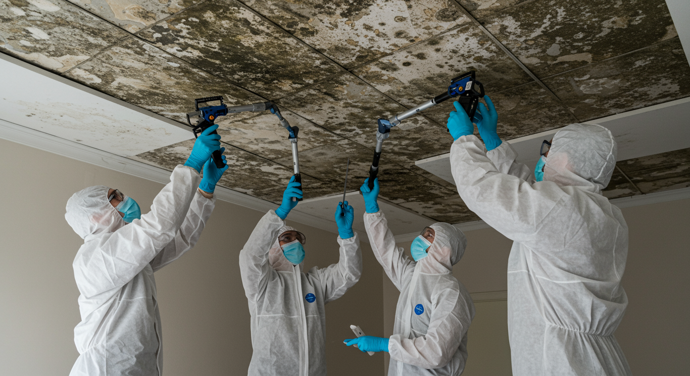 A team of professionals in protective suits using advanced equipment to remove mold from a ceiling, demonstrating the thoroughness of the remediation process.