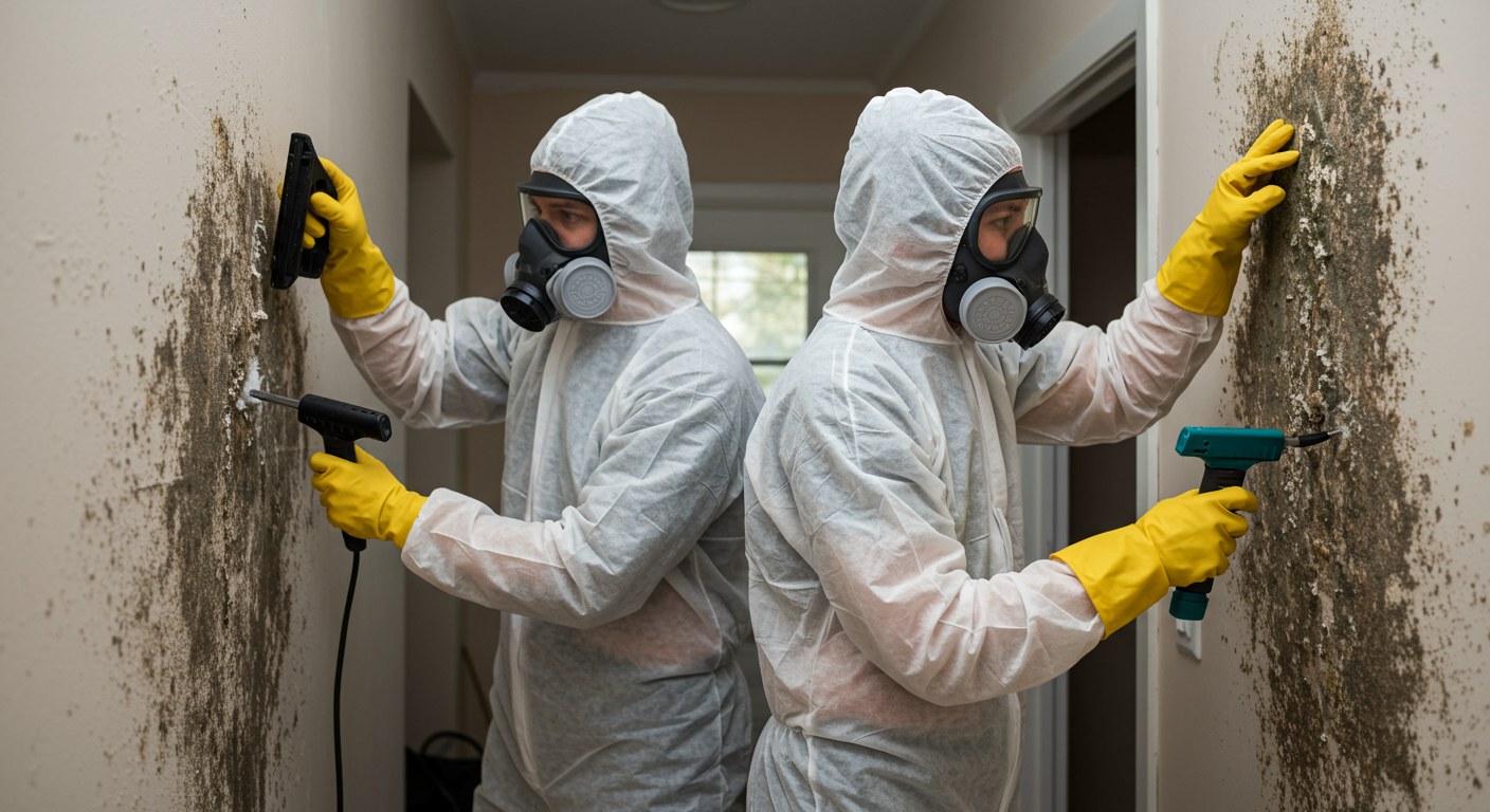 A team of professionals in protective gear actively removing mould from a wall, illustrating the remediation process.