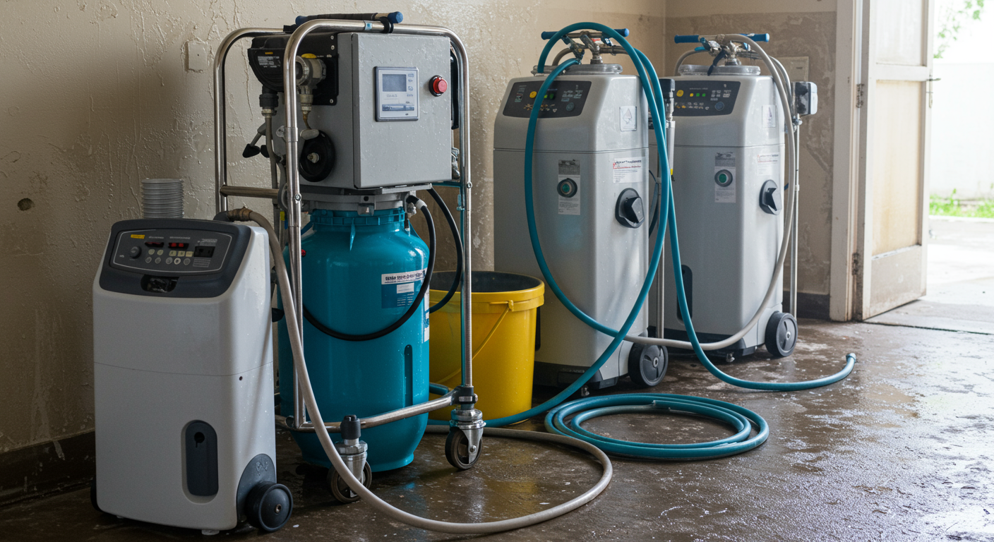 High-tech water extraction equipment and dehumidifiers set up in a water-damaged area