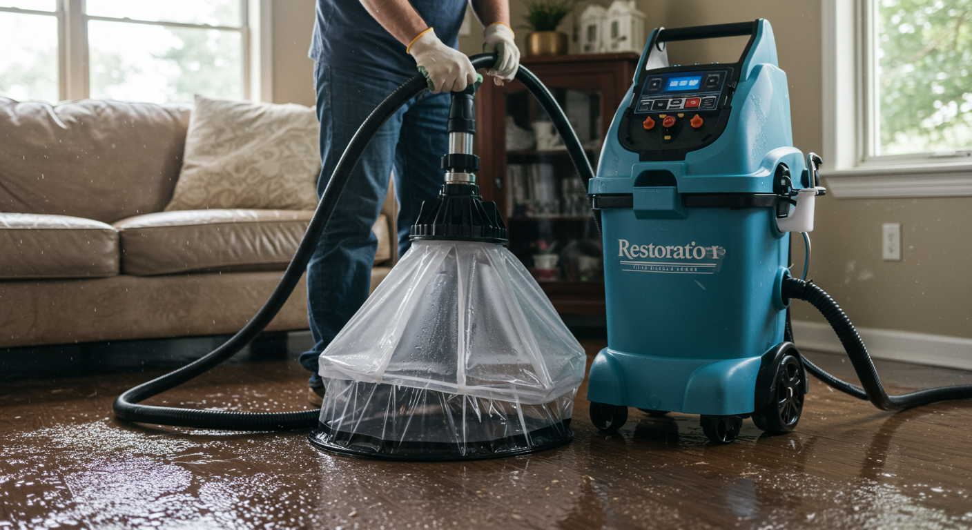A restoration technician using a powerful water extraction machine in a living room filled with water.