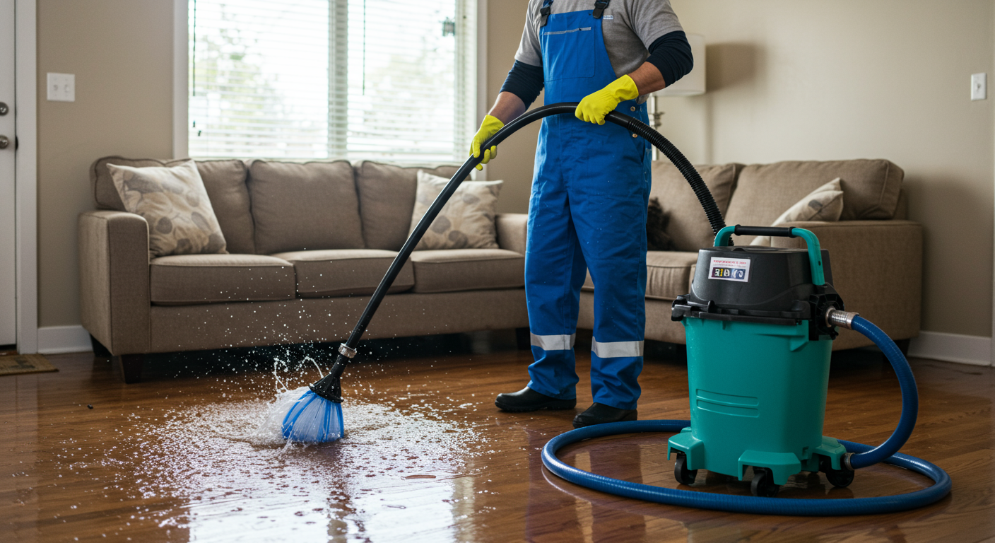 A professional water damage restoration technician in action, using a powerful water extraction machine in a flooded living room. The scene captures the urgency of the cleanup process.