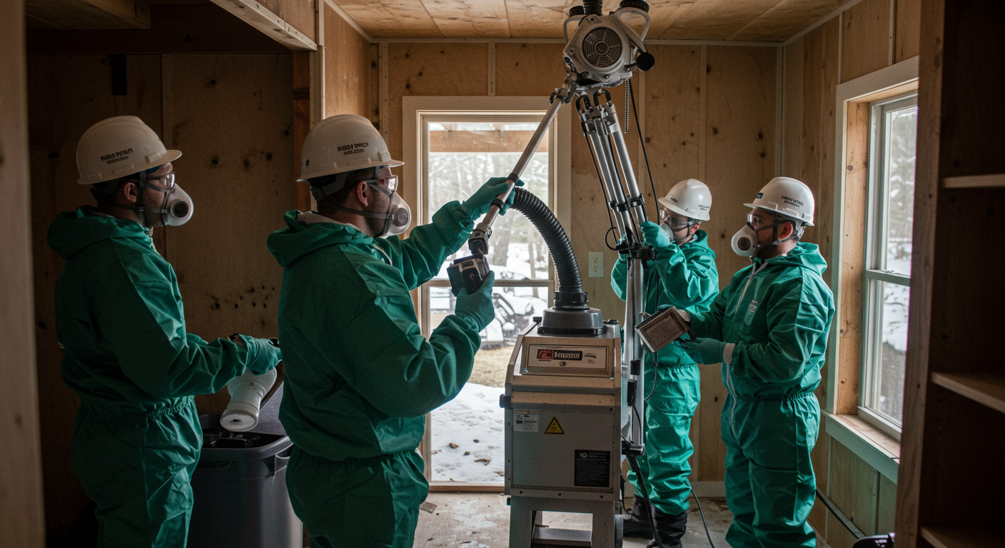 A team of mold remediation professionals using HEPA filtration equipment in a Hillsboro home. The image captures the action of removing mold safely and effectively.