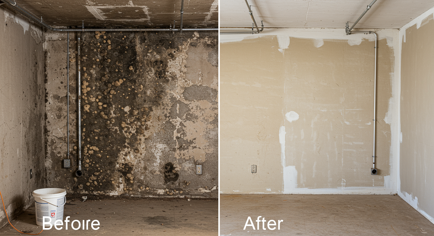 A split image showing a before-and-after comparison of a moldy basement wall. The 'before' side shows heavy black mold growth, while the 'after' side is clean, freshly painted, and restored.