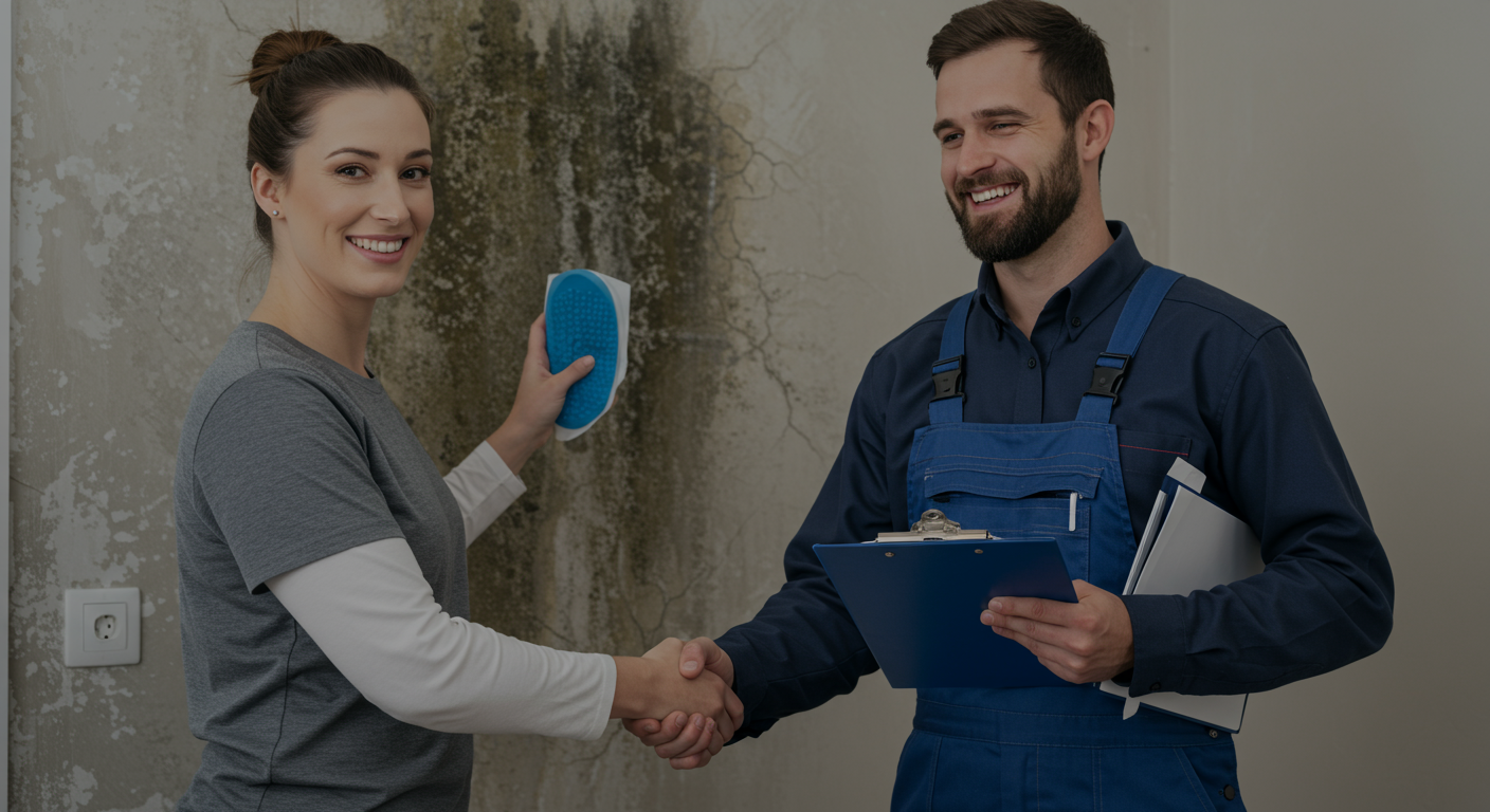 Homeowner shaking hands with a technician after mold remediation.