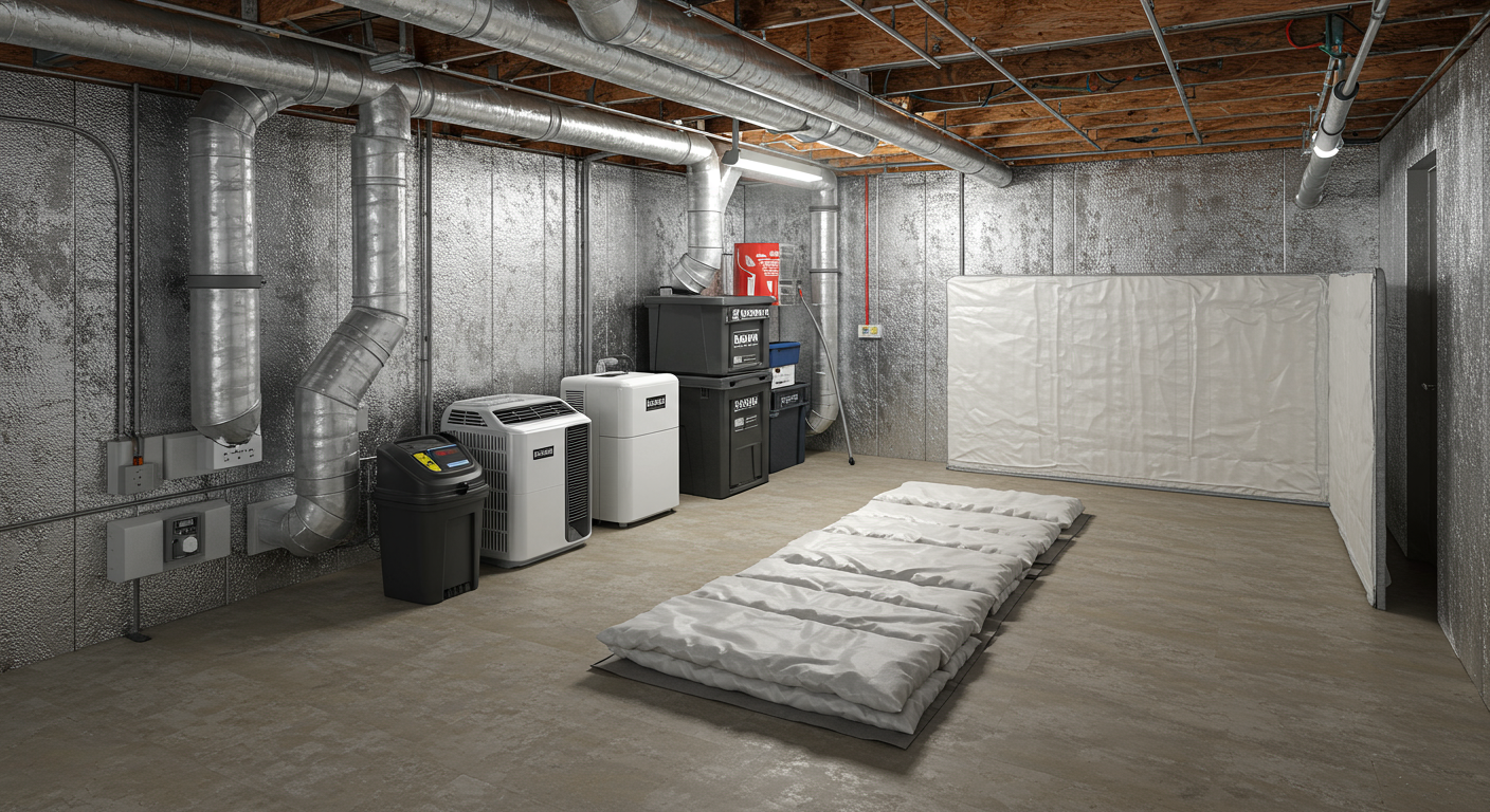 An illustration of a well-maintained crawl space with encapsulation materials, dehumidifiers, and moisture barriers. The setting is bright and organized, showcasing effective prevention strategies against mold growth.