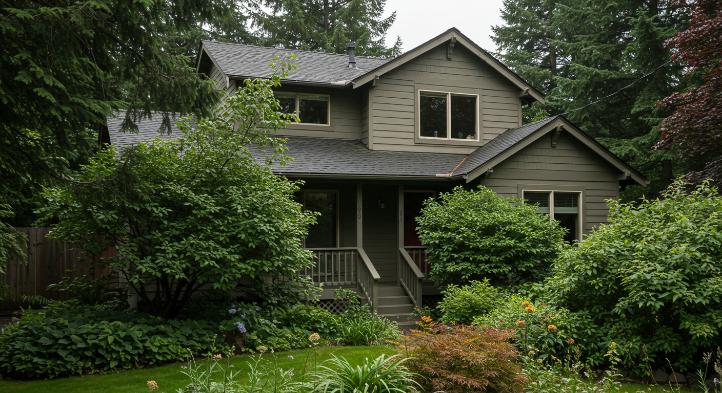 An exterior view of a typical Hillsboro, OR home surrounded by lush greenery, with a focus on the home's structure and environment. The image subtly implies the importance of mold prevention in damp climates.