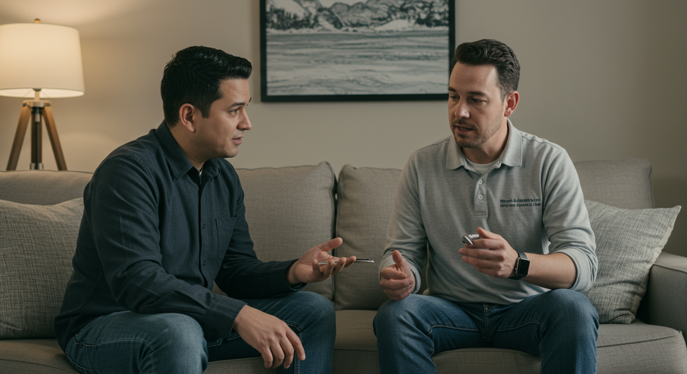 A homeowner discussing water damage issues with a restoration expert in a living room setting. The image captures a friendly and informative consultation.