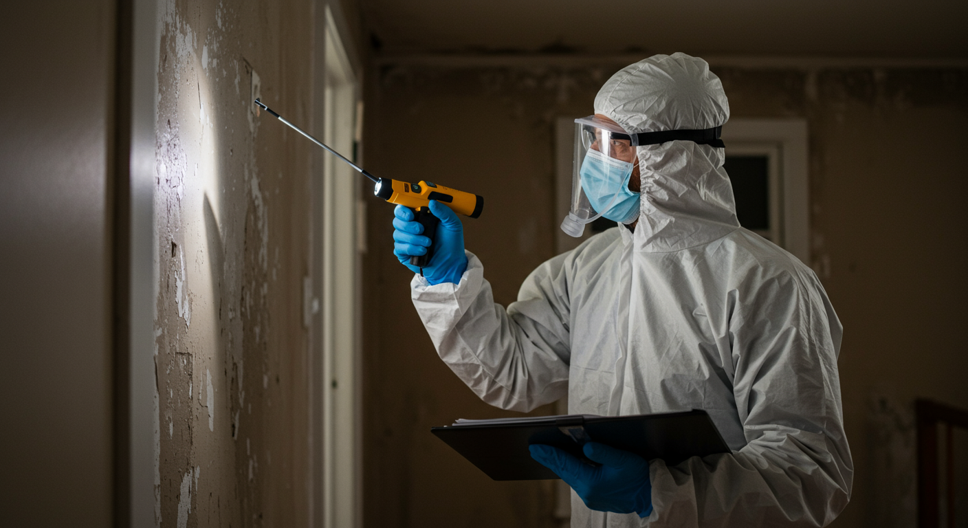 A professional mold inspector in protective gear using a flashlight and moisture meter to examine a damp wall in a Beaverton home.