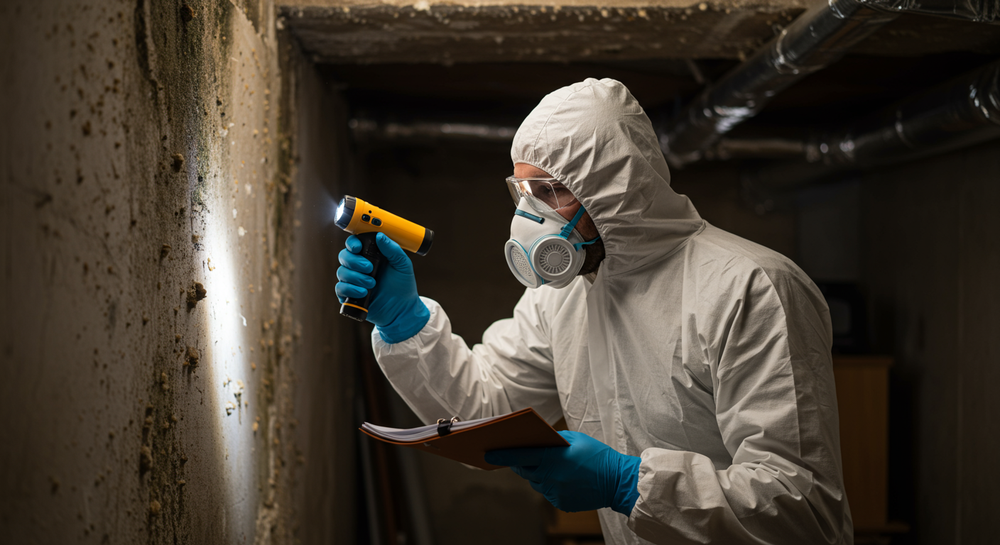 A professional mold inspector wearing protective gear examining a damp corner of a residential basement.