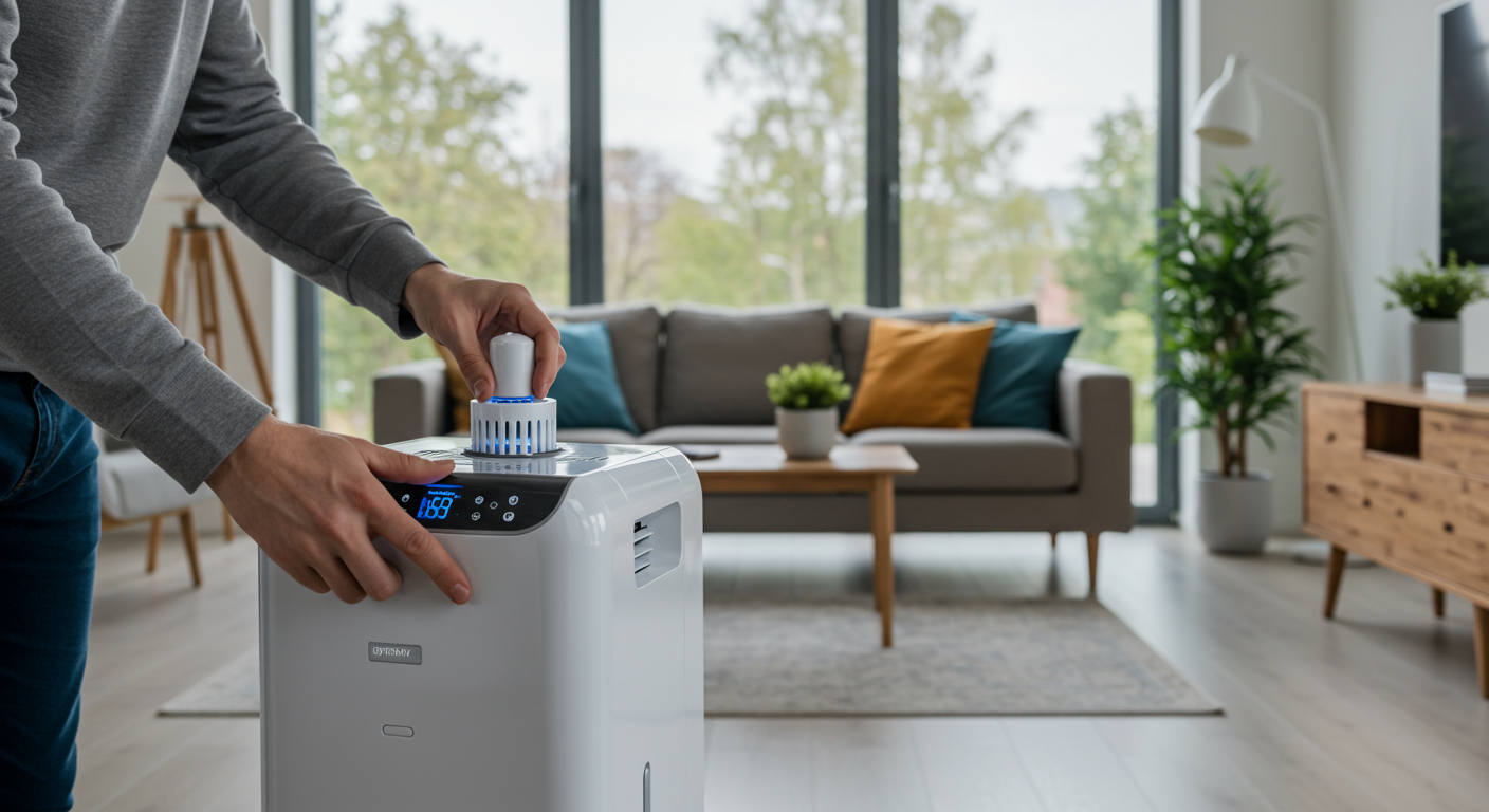 Homeowner using a dehumidifier to prevent mold growth
