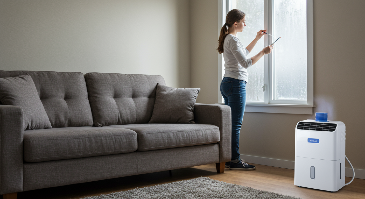 A cozy, well-ventilated living room with a dehumidifier running in the corner. A homeowner is seen inspecting a window frame for condensation, symbolizing proactive mold prevention.