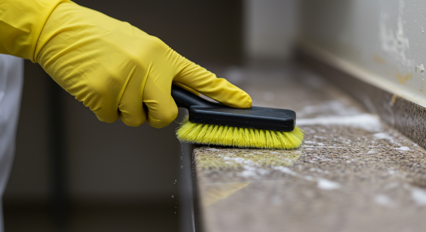 A close-up of a technician’s gloved hand using a specialized cleaning solution and scrubber to remove mold from a surface. The background shows a partially cleaned area with visible progress.