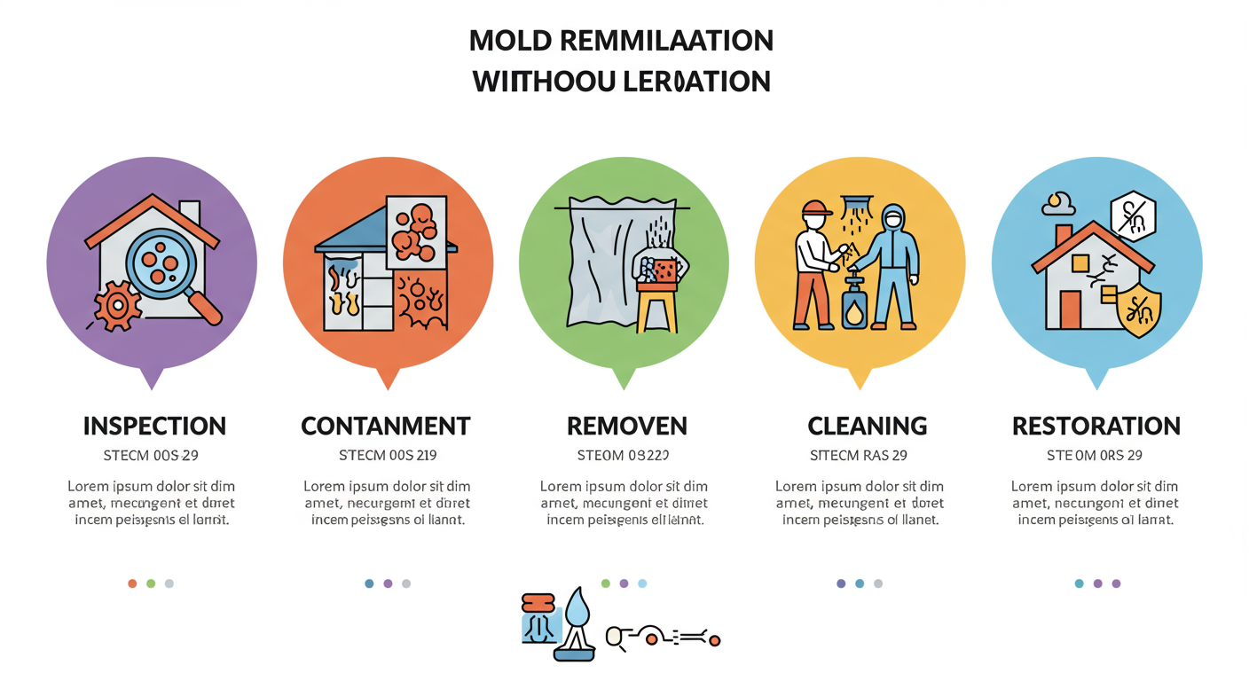 A visually appealing infographic-style image illustrating the steps of mold remediation: inspection, containment, removal, cleaning, and restoration.
