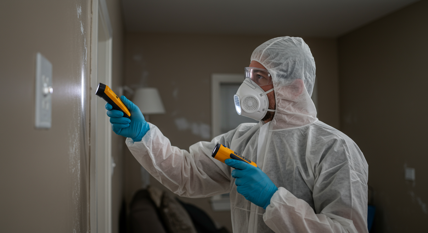 Certified mold specialist inspecting a damp wall