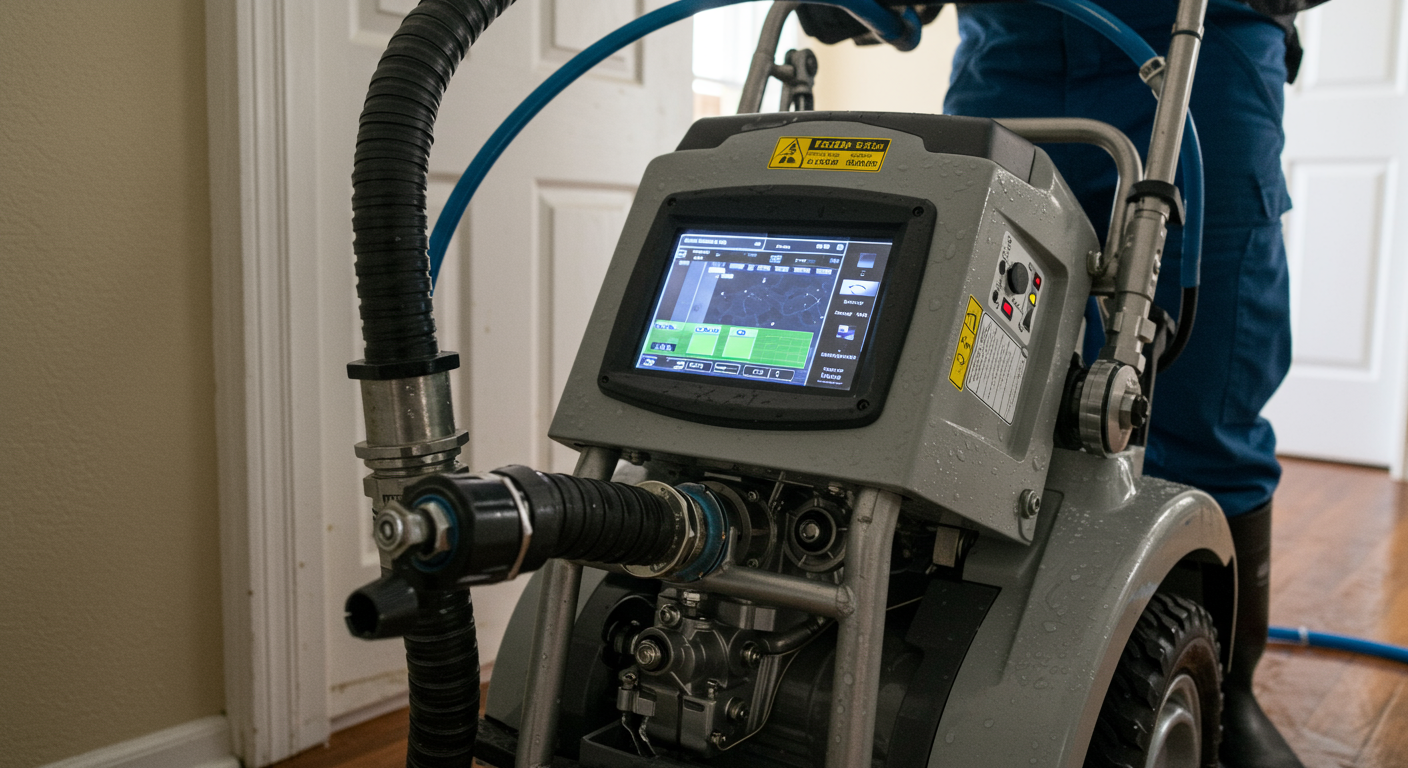 A close-up of advanced water extraction equipment being operated in a flooded home. The focus is on the machinery and the technician at work, showcasing the technology used in restoration.