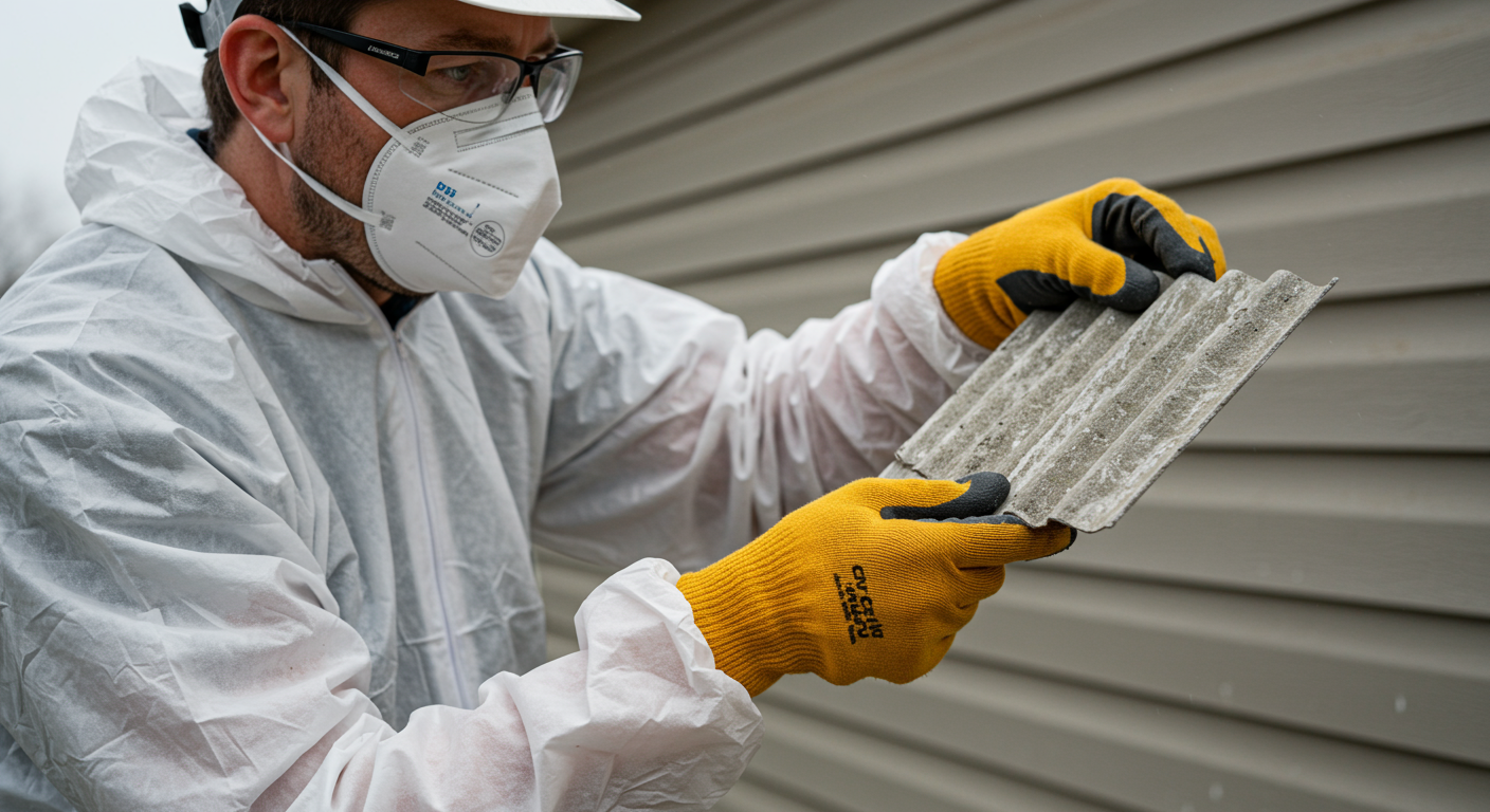 A professional contractor in protective gear carefully inspecting old asbestos siding on a residential home.