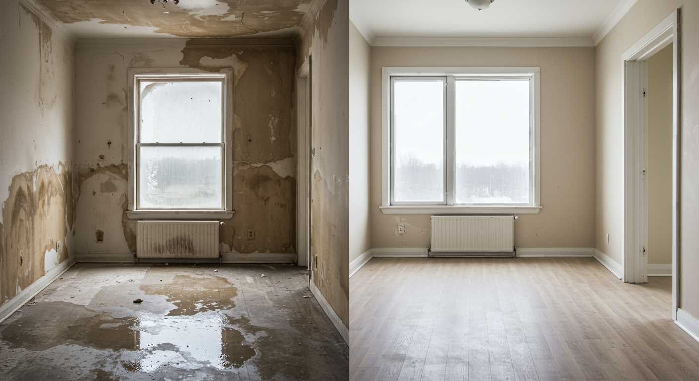 A before-and-after comparison of a room affected by water damage and its restored state. The left side shows water stains and damaged furniture, while the right side displays a clean, restored space, highlighting the effectiveness of restoration services.