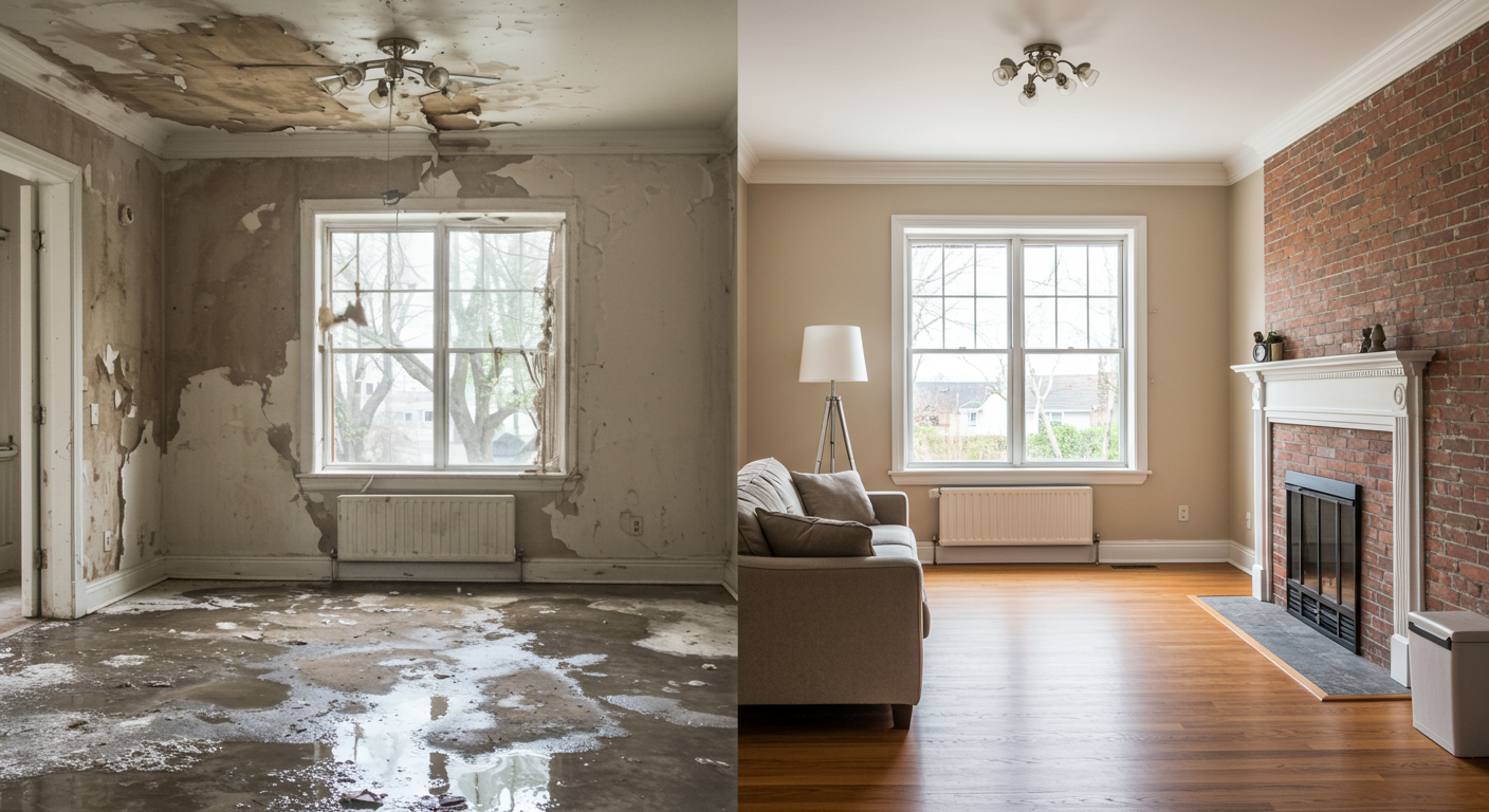 A split image showing a room before and after water damage restoration. The left side depicts water damage, while the right side showcases a beautifully restored space.