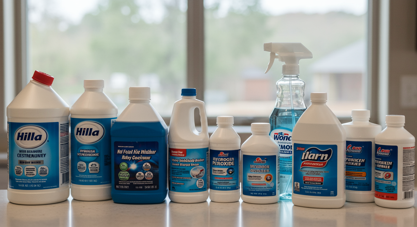 A neatly arranged display of various mold removal products, including bleach, hydrogen peroxide, and commercial cleaners, set against a clean kitchen countertop.