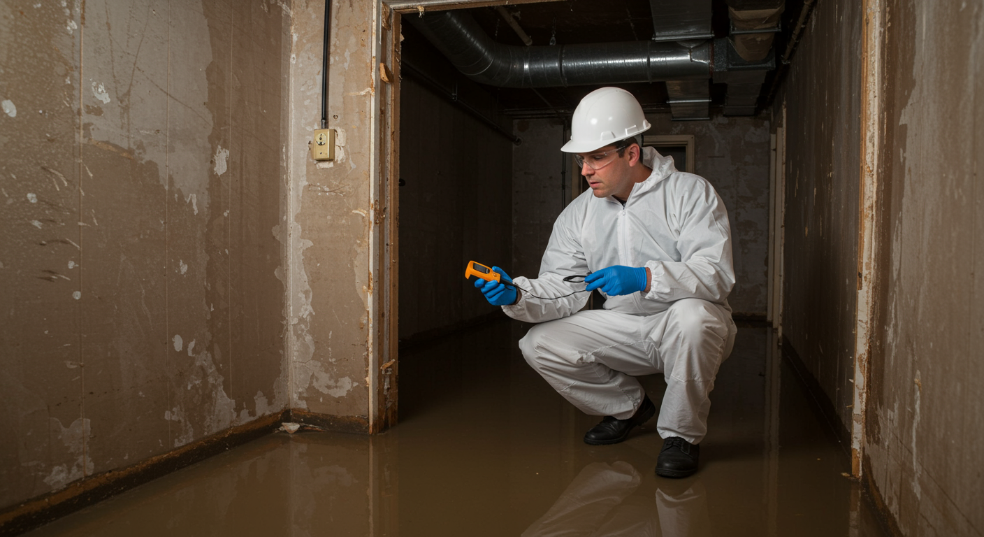 A restoration expert inspecting a flooded basement with a moisture meter. The image captures the seriousness of the assessment process, with water damage clearly visible on the walls and floor.