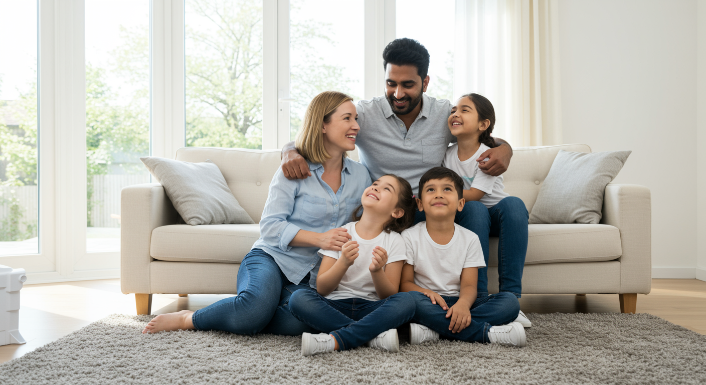 A family in a clean, mold-free living room, looking relieved and happy after mold removal services.