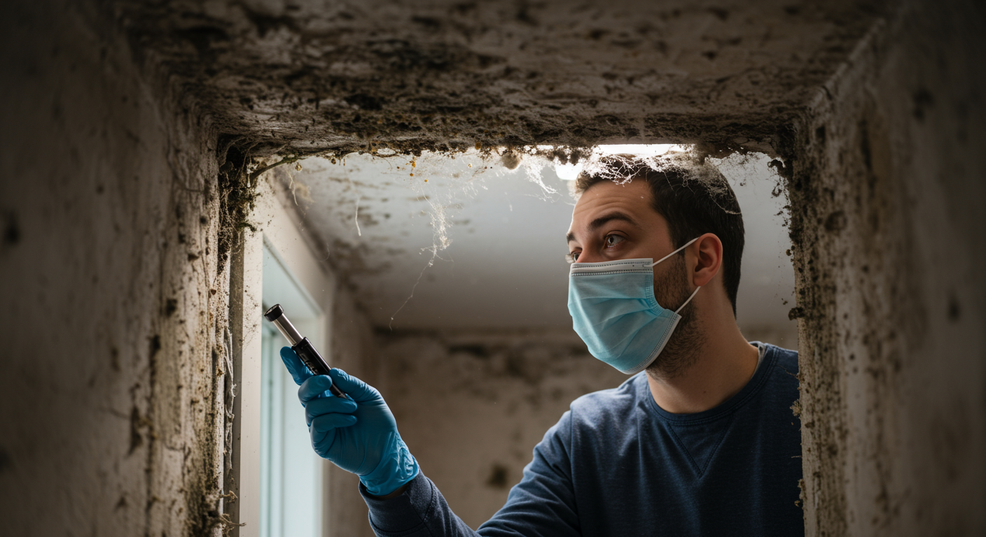 A concerned individual wearing a mask while inspecting a moldy area in their home. The image conveys a sense of urgency and awareness regarding the health implications of mold exposure.