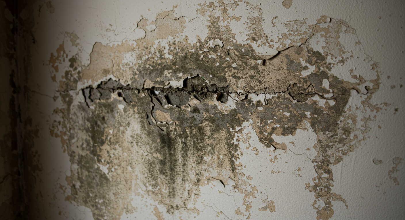 A close-up view of a wall in a home showing visible mold growth, with peeling paint and discoloration. The room is dimly lit to emphasize the severity of the mold issue.