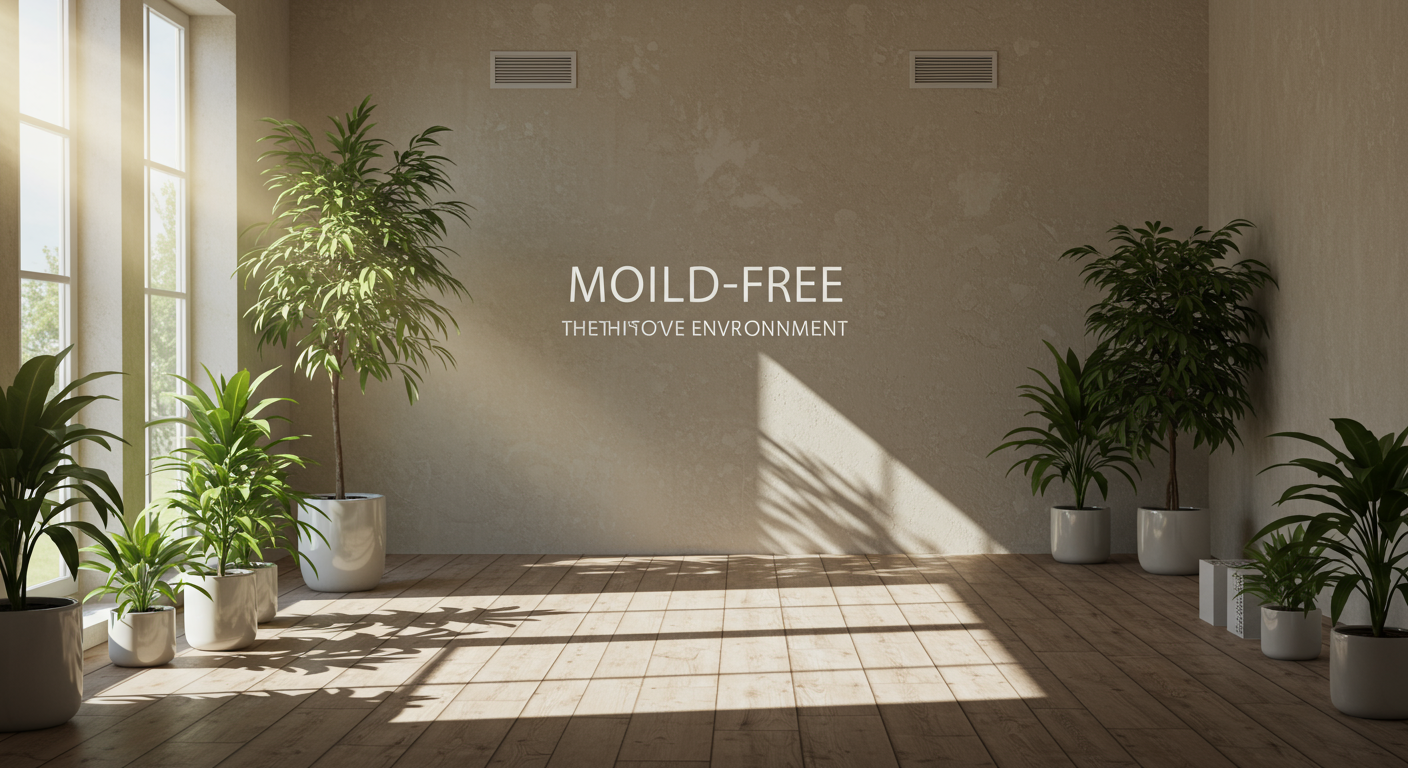 A serene image of a well-ventilated room with plants, sunlight streaming in, and no signs of mold, symbolizing a mold-free environment.
