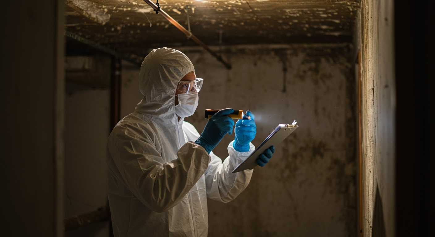 A professional wearing protective gear is inspecting a home for mold, using a flashlight and a moisture meter. The background shows a dimly lit basement with visible mold patches on the walls.