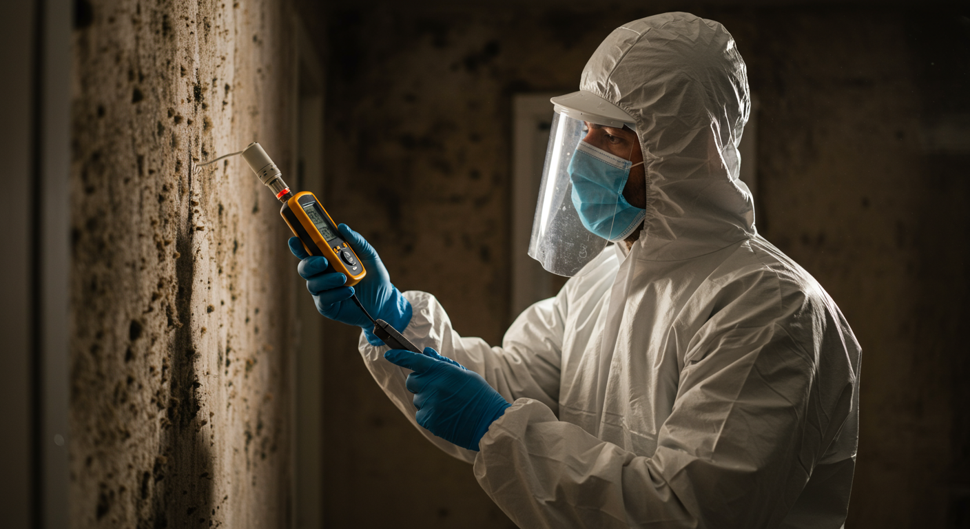 A professional mold inspector examining a wall with a moisture meter, wearing protective gear. The background shows a dimly lit room with visible mold patches on the wall.