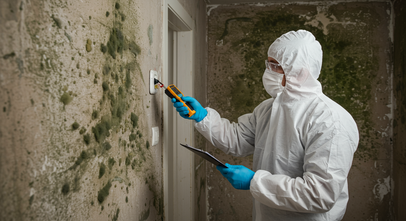 A professional mold removal specialist in protective gear inspecting a home’s interior, focusing on areas prone to mold growth.