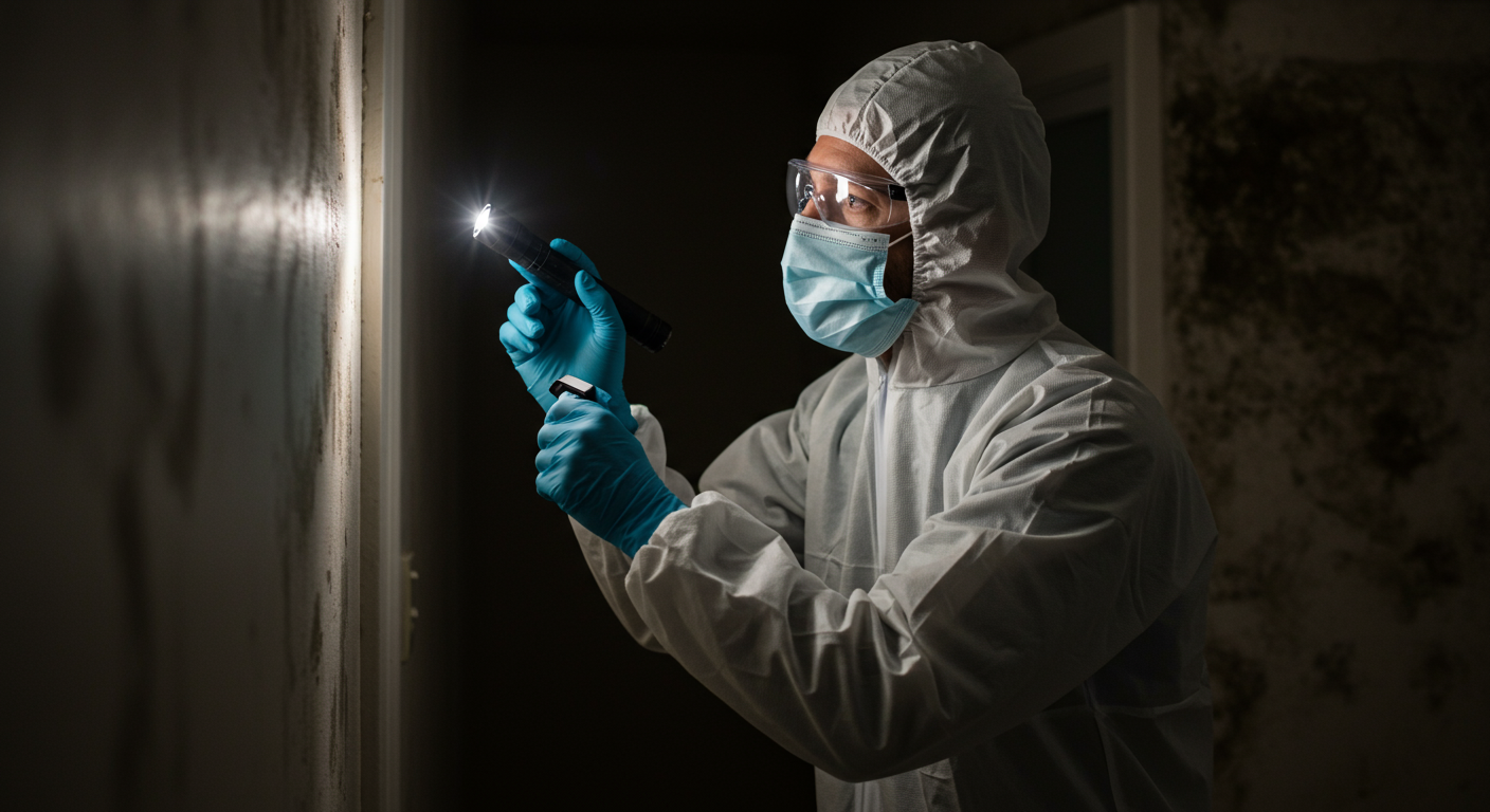 A professional mold remediation technician in protective gear inspecting a home for mold. The technician is using a flashlight to examine dark corners and walls, highlighting the thoroughness of the inspection process.