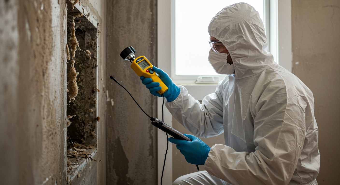 A professional mold remediation technician in protective gear, carefully inspecting a damp area in a home. The technician is using a moisture meter to assess the extent of mold growth.