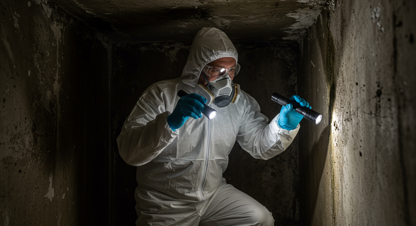 A professional mold inspector in protective gear examining a damp corner of a basement with a flashlight, highlighting the inspection process.