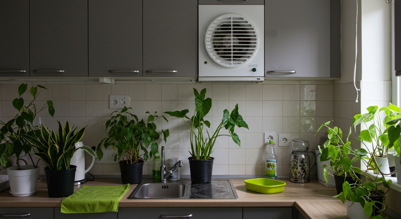 A visually appealing kitchen with plants and proper ventilation, showcasing a mold-free environment. The image emphasizes cleanliness and preventive measures against mold growth.