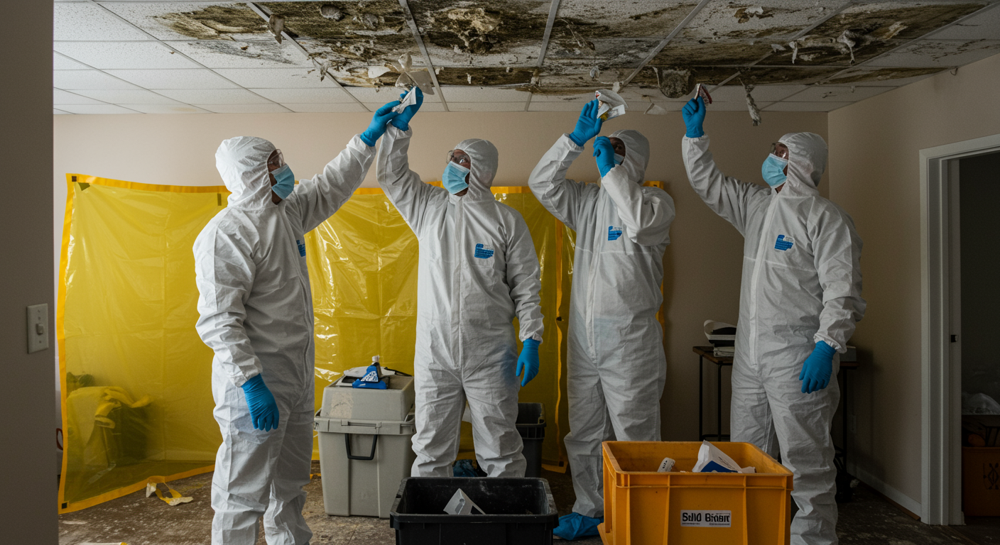 A team of certified technicians in protective suits is actively removing mold from a ceiling. The background features containment barriers and equipment, showcasing a professional mold mitigation environment.